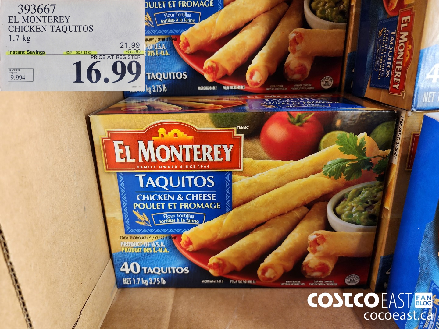 393667 EL MONTEREY CHICKEN TAQUITOS 1.7 KG ($5.00 INSTANT SAVINGS EXPIRES ON 2023-12-03) $16.99