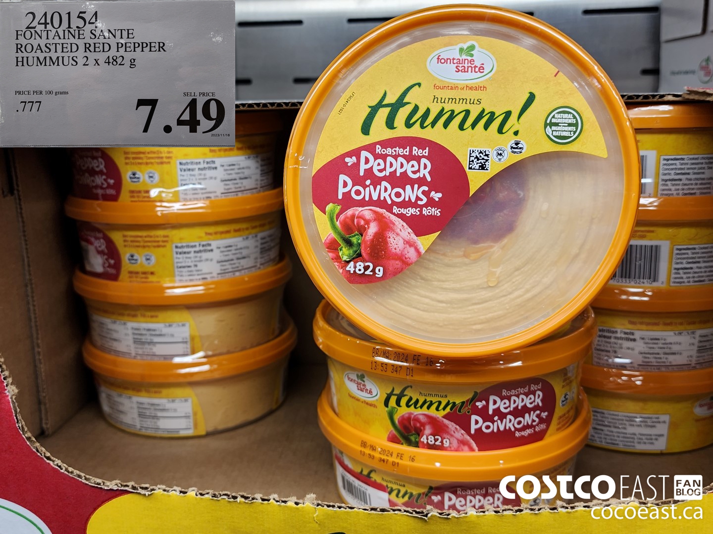 240154 FONATINE SANTE ROASTED RED PEPPER HUMMUS 2 X 482 G $7.49