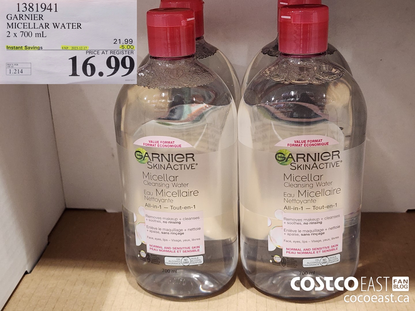 1381941 GARNIER MICELLAR WATER 2 X 700 mL ($5.00 INSTANT SAVINGS EXPIRES ON 2023-12-17) $16.99