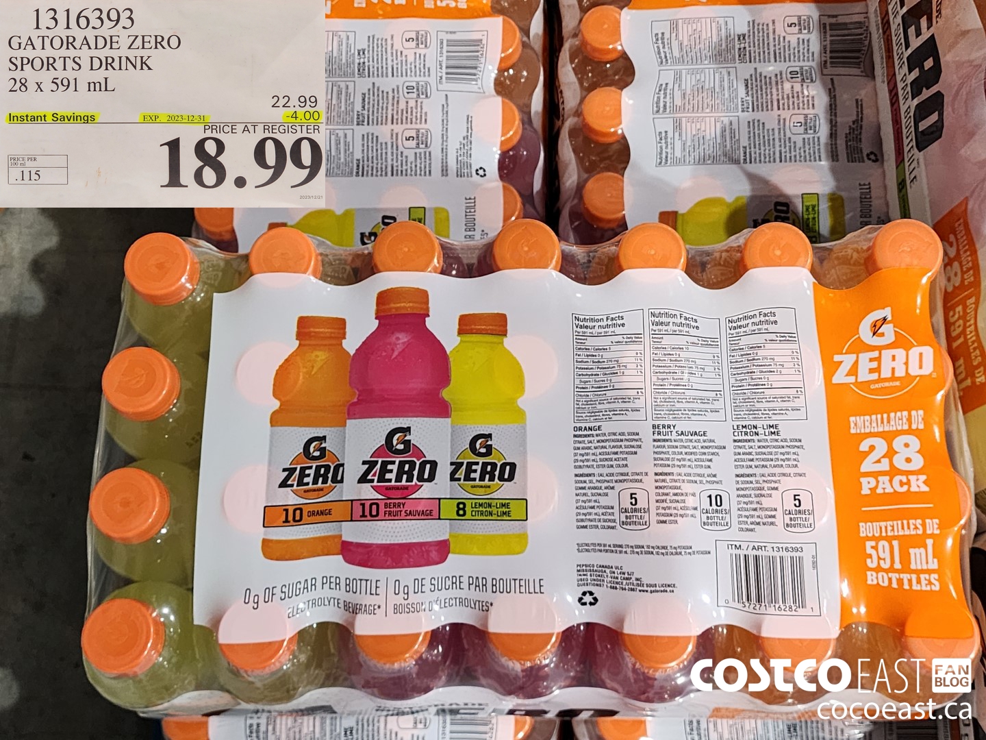 1316393 GATORADE ZERO SPORTS DRINK 28 x 591 ml ($4.00 INSTANT SAVINGS EXPIRES ON 2023-12-31) $18.99