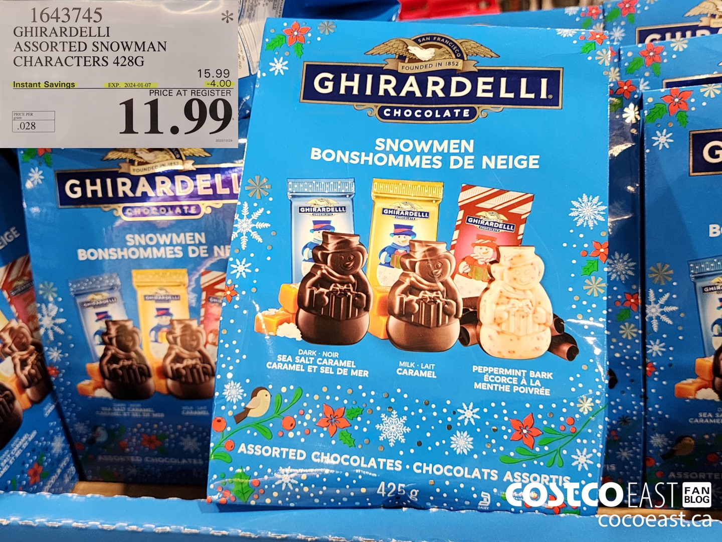 1643745 GHIRARDELLI ASSORTED SNOWMAN CHARACTERS 428G ($4.00 INSTANT SAVINGS EXPIRES ON 2024-01-07) $11.99