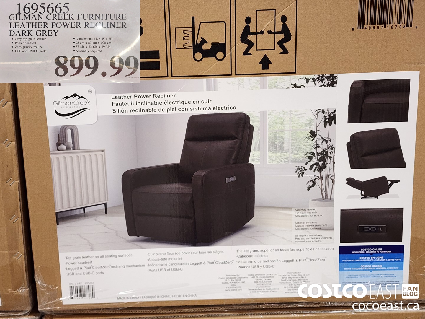 1695665 GILMAN CREEK FURNITURE LEATHER POWER RECLINER DARK GREY $899.99