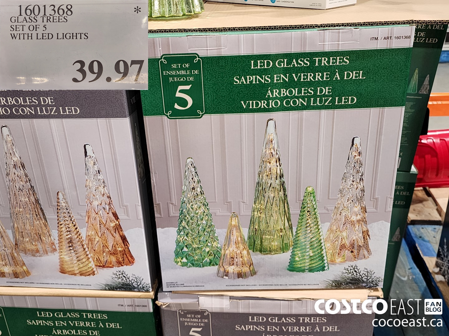 1601368 GLASS TREES SET OF 5 WITH LED LIGHTS $39.97