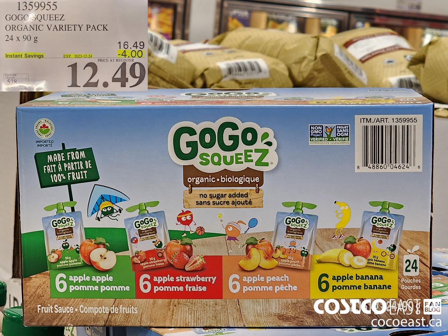 1359955 GOGC SQUEEZ ORGANIC VARIETY PACK 24 x 90 g ($4.00 INSTANT SAVINGS EXPIRES ON 2023-12-14) $12.49