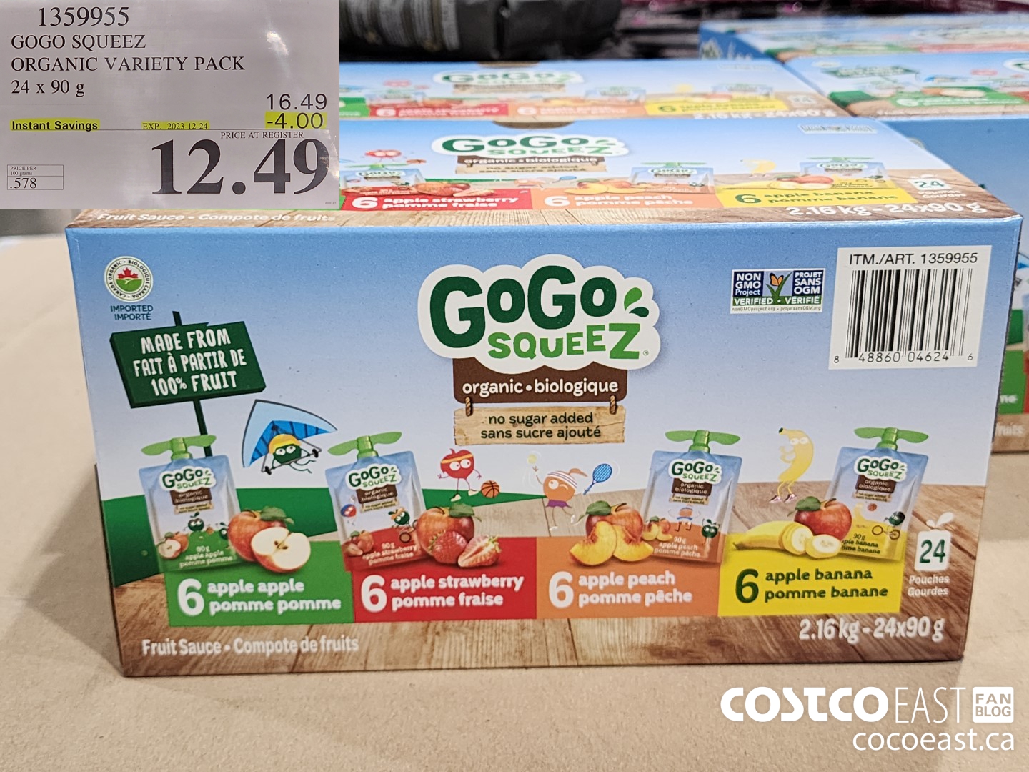 1359955 GOGC SQUEEZ ORGANIC VARIETY PACK 24 x 90 g ($4.00 INSTANT SAVINGS EXPIRES ON 2023-12-24) $12.49