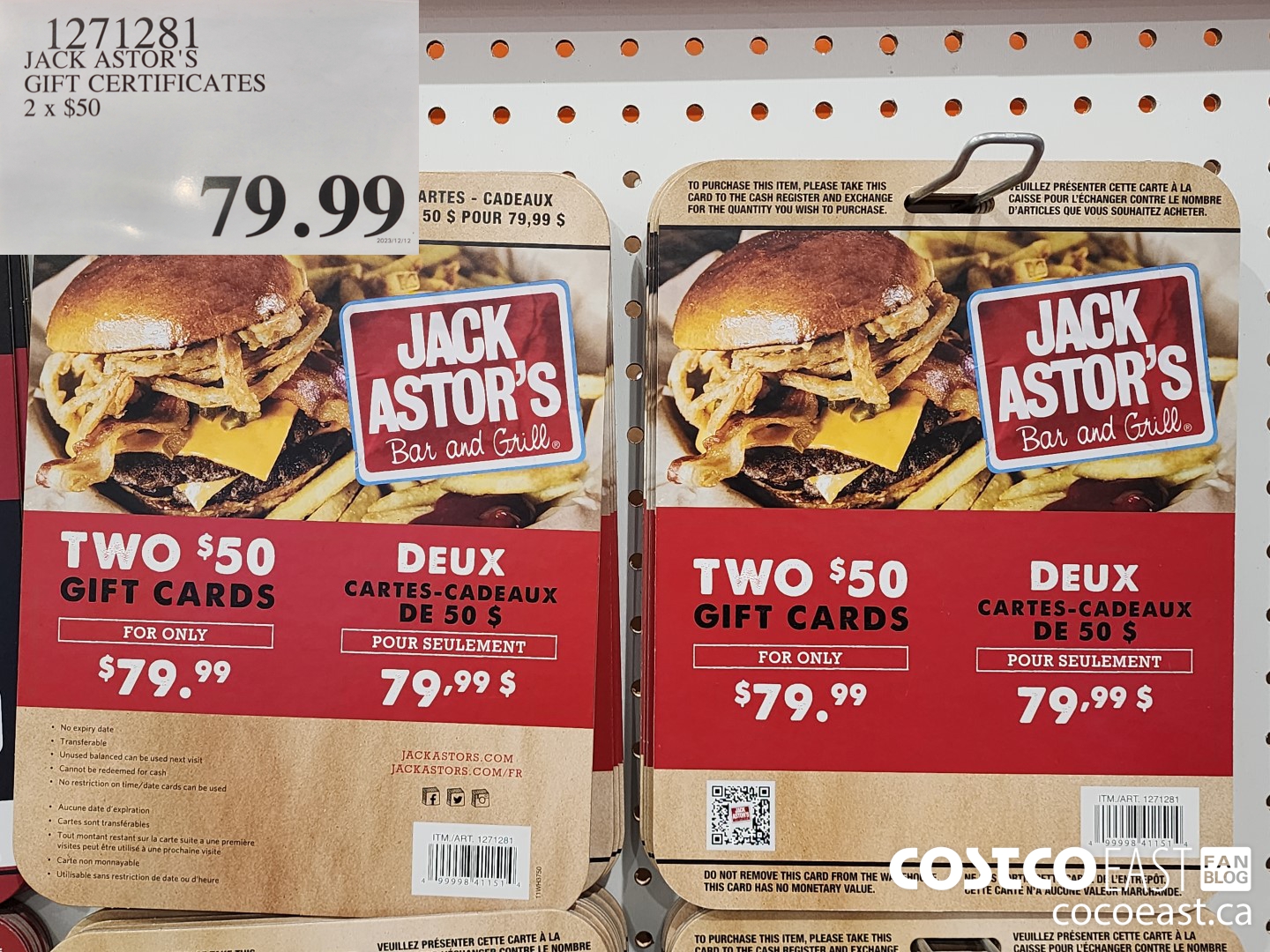 1271281 JACK ASTOR'S GIFT CERTIFICATES 2 X $50.00 $79.99