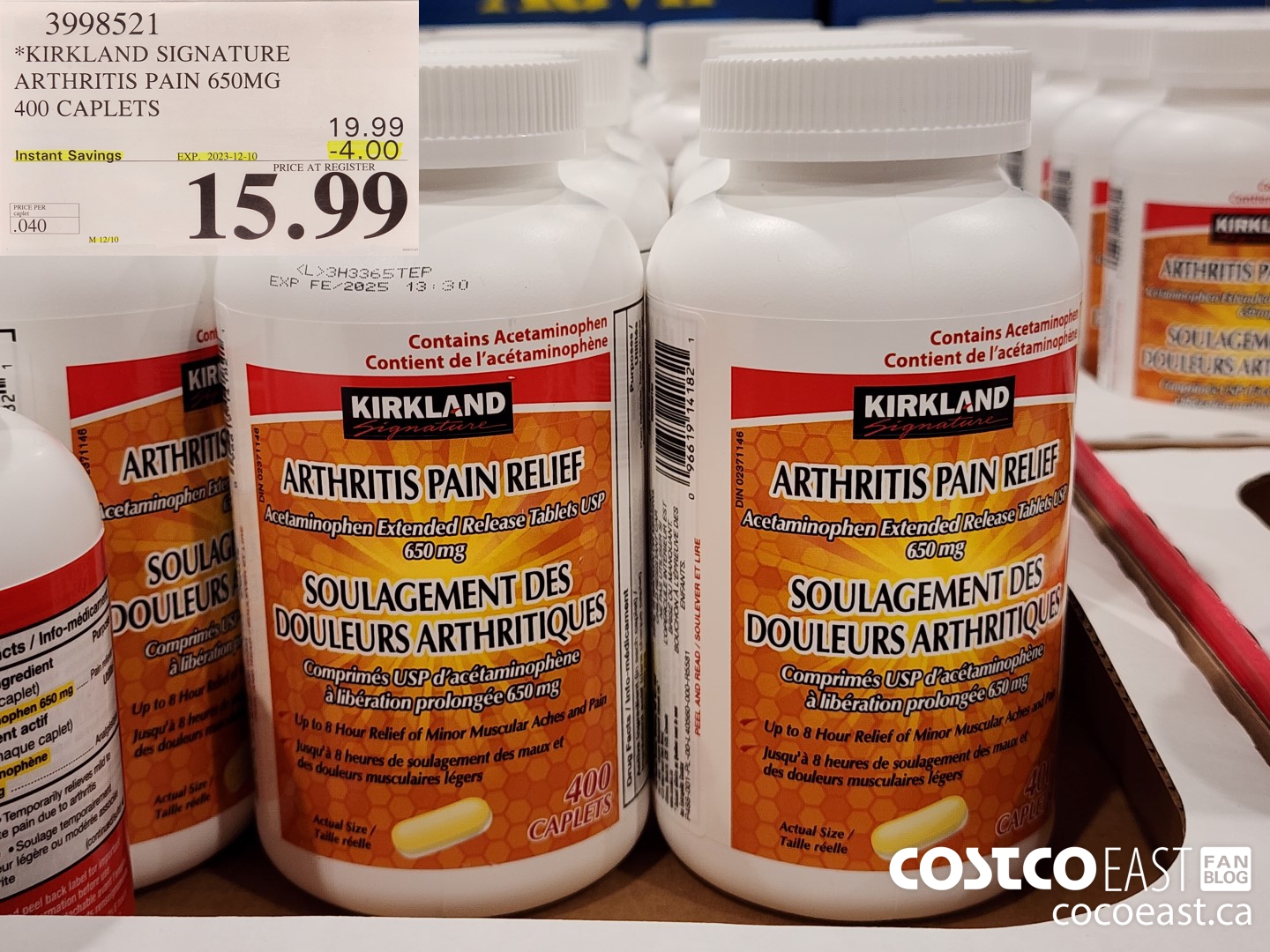 3998521 KIRKLAND SIGNATURE ARTHRITIS PAIN 650MG 400 CAPLETS ($4.00 INSTANT SAVINGS EXPIRES ON 2023-12-10) $15.99