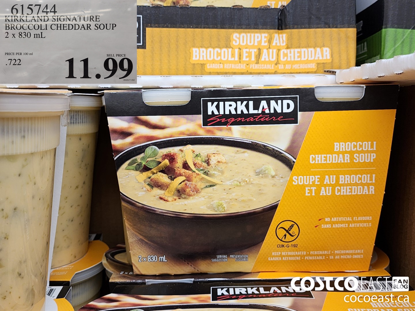 615744 KIRKLAND SIGNATURE BROCCOLI CHEDDAR SOUP 2 x 830 mL $11.99