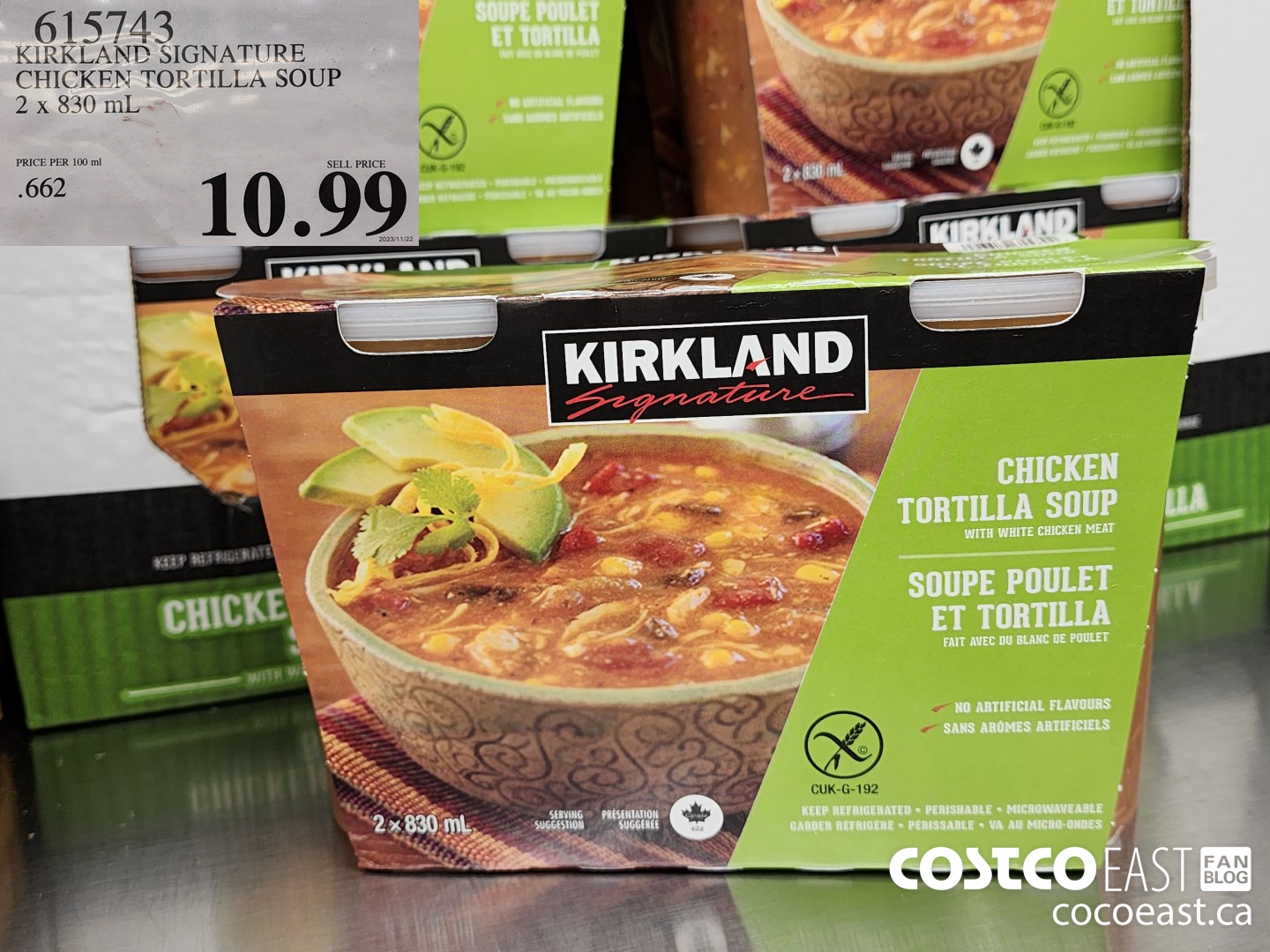 615743 KIRKLAND SIGNATURE CHICKEN TORTILLA SOUP 2 X 830 ML $10.99