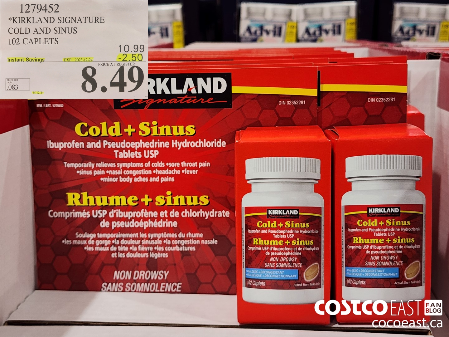 1279452 KIRKLAND SIGNATURE COLD AND SINUS 102 CAPLETS ($2.50 INSTANT SAVINGS EXPIRES ON 2023-12-24) $8.49