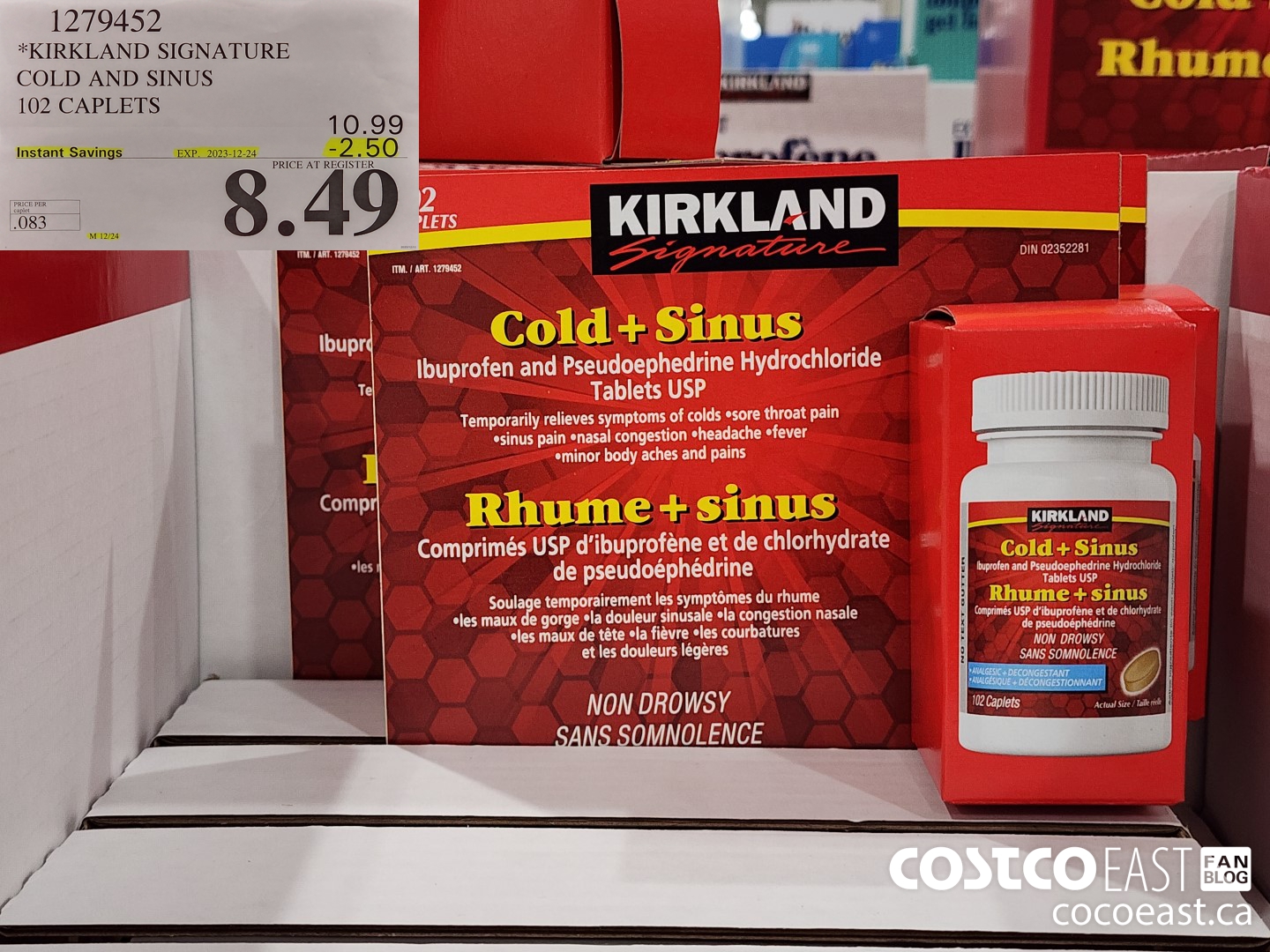 1279452 KIRKLAND SIGNATURE COLD AND SINUS 102 CAPLETS ($2.50 INSTANT SAVINGS EXPIRES ON 2023-12-24) $8.49
