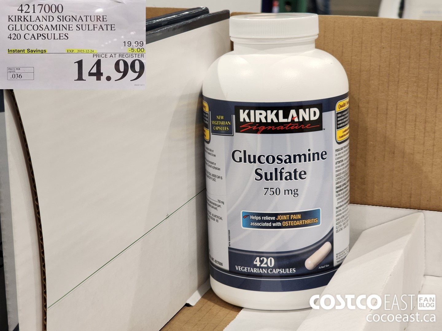 4217000 KIRKLAND SIGNATURE GLUCOSAMINE SULFATE 420 CAPSULES ($5.00 INSTANT SAVINGS EXPIRES ON 2023-12-24) $14.99