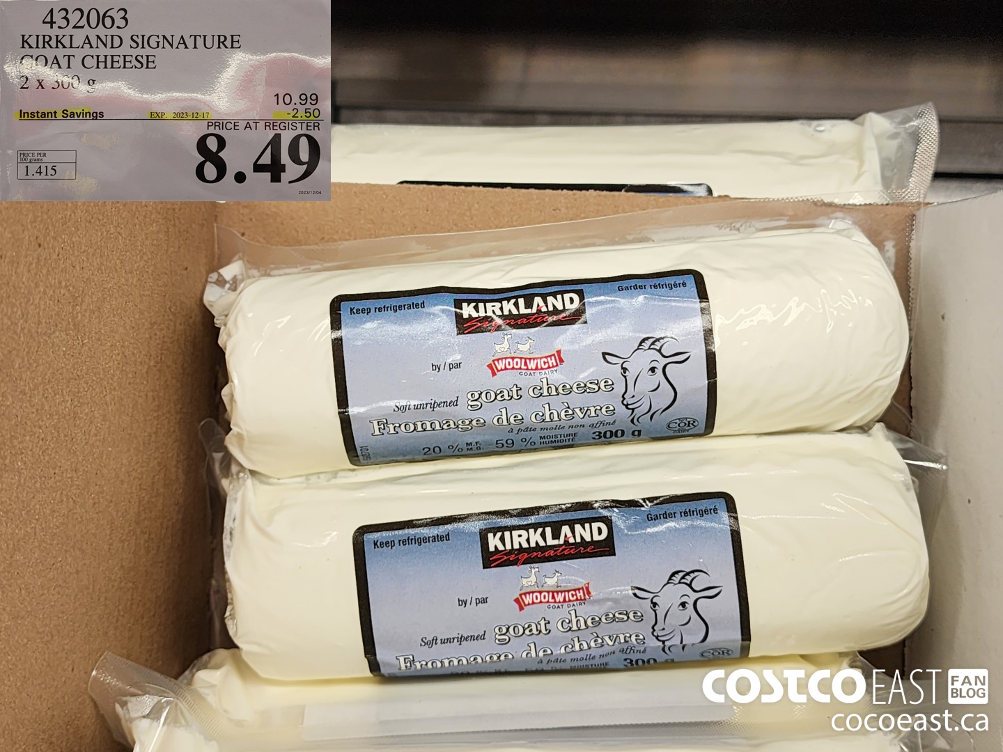 432063 KIRKLAND SIGNATURE GOAT CHEESE 2 X 300 G ($2.50 INSTANT SAVINGS EXPIRES ON 2023-12-17) $8.49