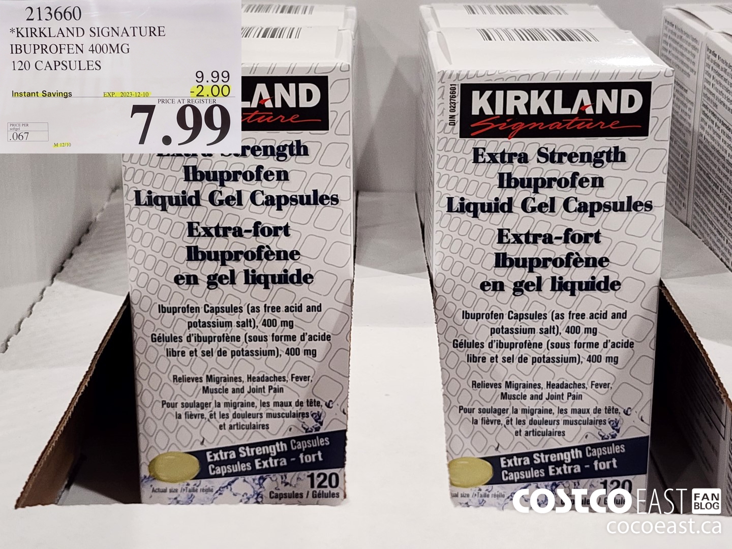 213660 *KIRKLAND SIGNATURE IBUPROFEN 400MG 120 CAPSULES ($2.00 INSTANT SAVINGS EXPIRES ON 2023-12-10) $7.99
