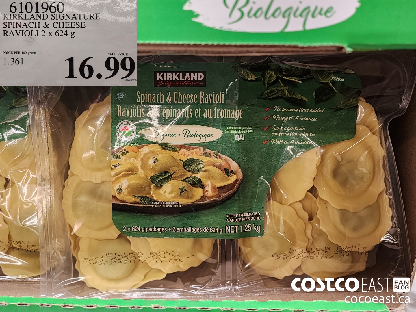 6101960 KIRKLAND SIGNATURE SPINACH & CHEESE RAVIOLI 2 x 624 G $16.99