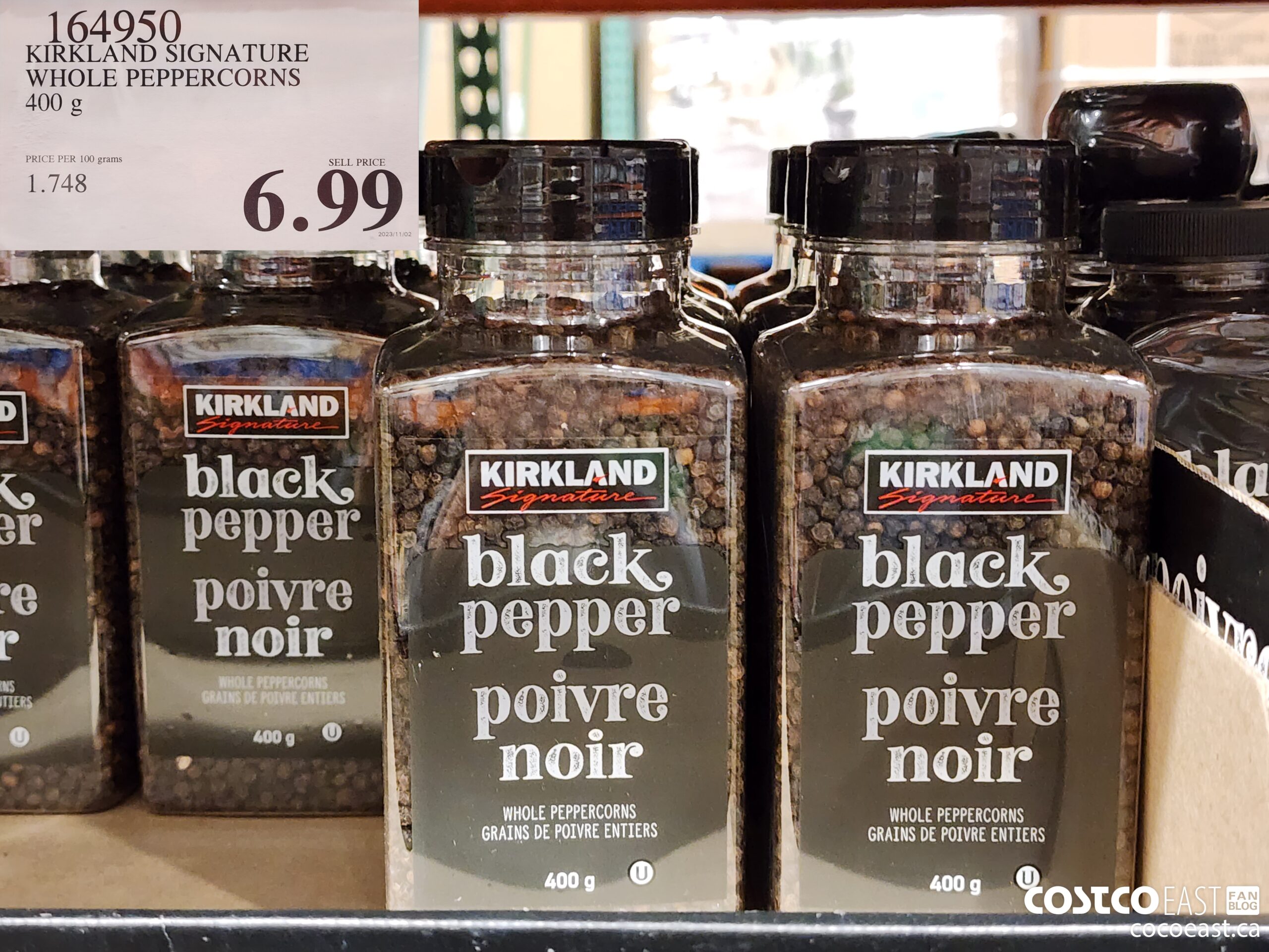 164950 KIRKLAND SIGNATURE WHOLE BLACK PEPPERCORNS 399 G $6.99