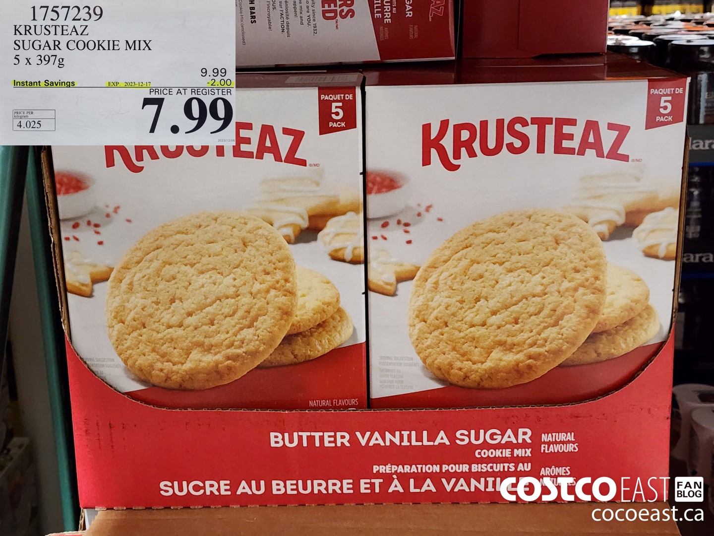 1757239 KRUSTEAZ SUGAR COOKIE MIX 5 x 397G ($2.00 INSTANT SAVINGS EXPIRES ON 2023-12-17) $7.99