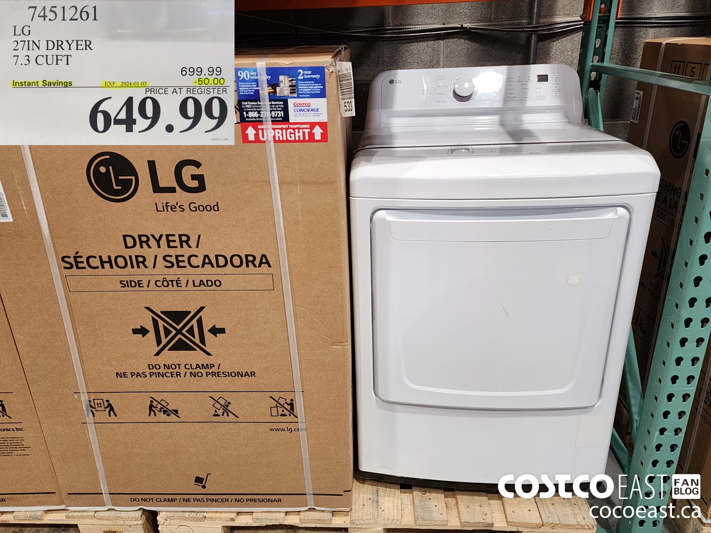 7451261 LG 27IN DRYER 7.3 CU.FT ($50.00 INSTANT SAVINGS EXPIRES ON 2024-01-03) $649.99