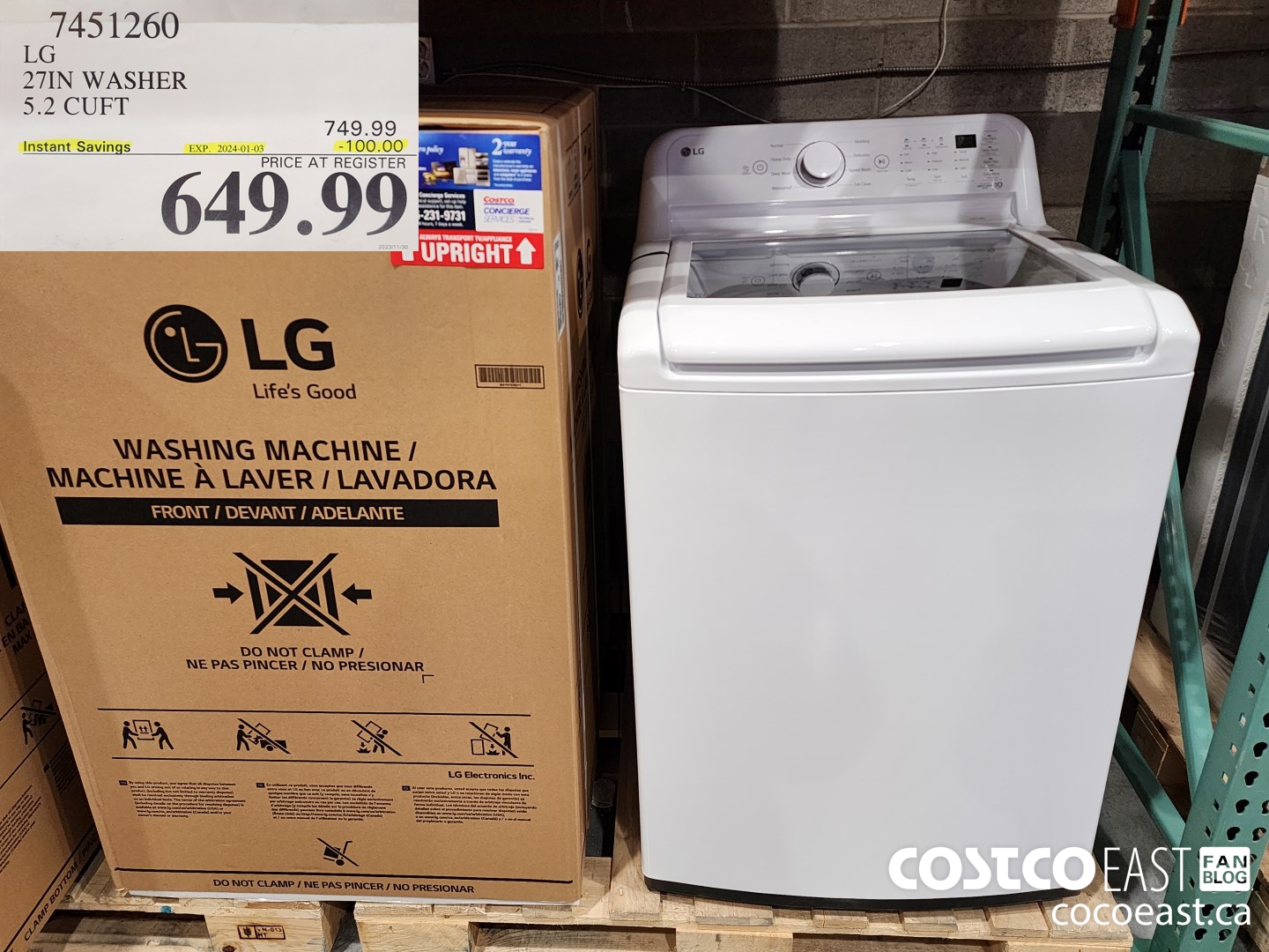 7451260 LG 27IN WASHER 5.2 CUFT ($100.00 INSTANT SAVINGS EXPIRES ON 2024-01-03) $649.99