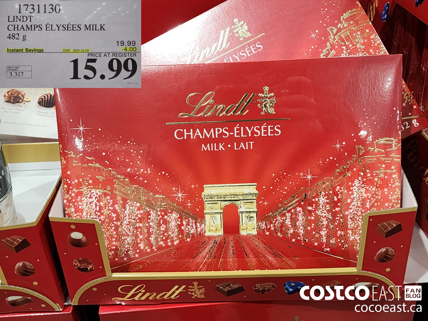 1731130 LINDT CHAMPS ELYSEES MILK 432 g ($4.00 INSTANT SAVINGS EXPIRES ON 2023-12-24) $15.99