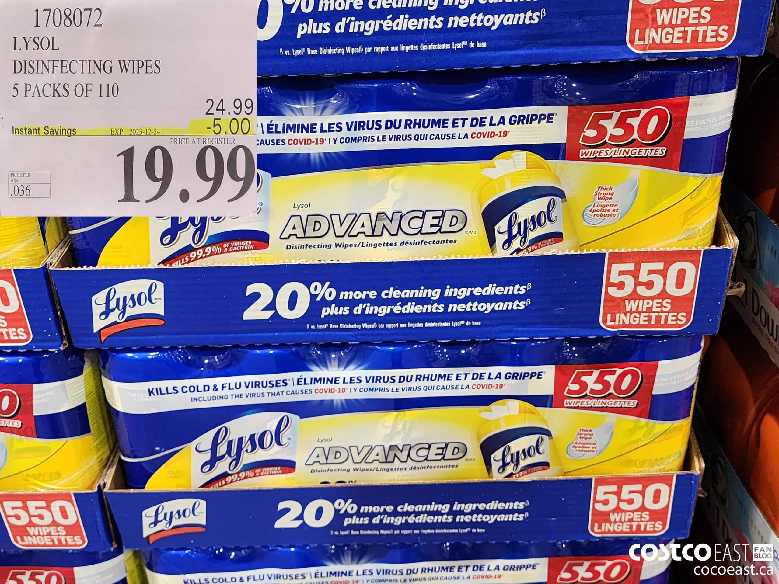 1708072 LYSOL DISINFECTING WIPES 5 PACKS OF 110 ($5.00 INSTANT SAVINGS EXPIRES ON 2023-12-24) $19.99