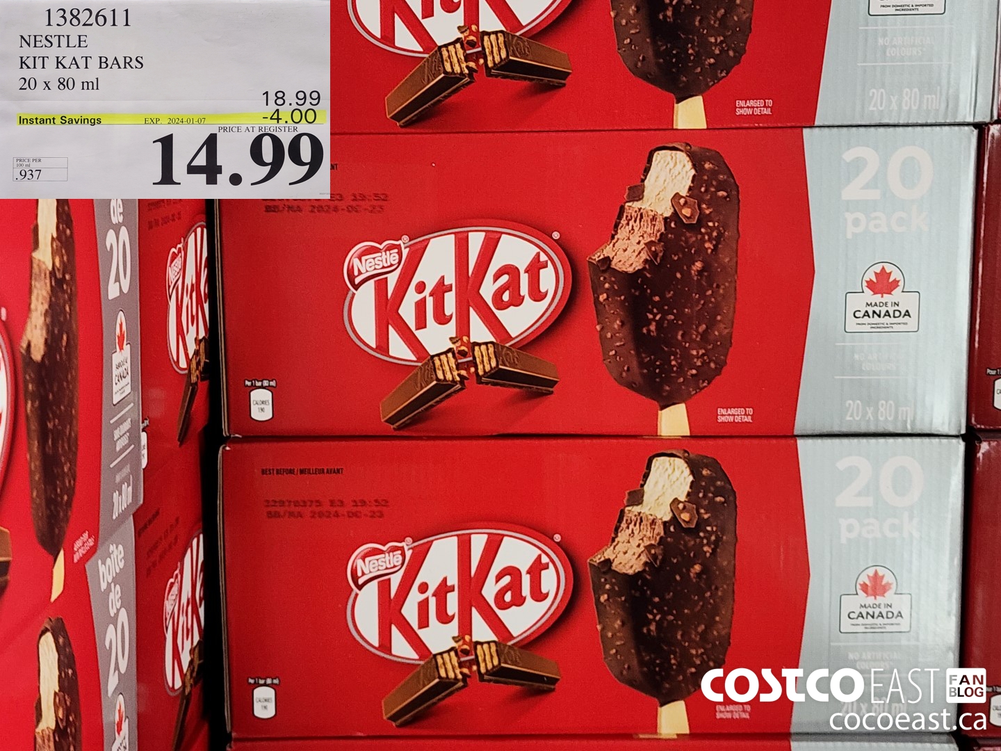 1382611 NESTLE KIT KAT BARS 20 x 80ml ($4.00 INSTANT SAVINGS EXPIRES ON 2024-01-07) $14.99