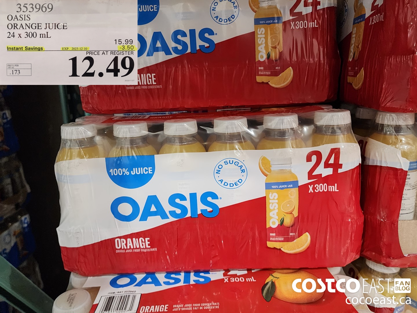353969 OASIS ORANGE JUICE 24 X 300 ML ($3.50 INSTANT SAVINGS EXPIRES ON 2023-12-10) $12.49