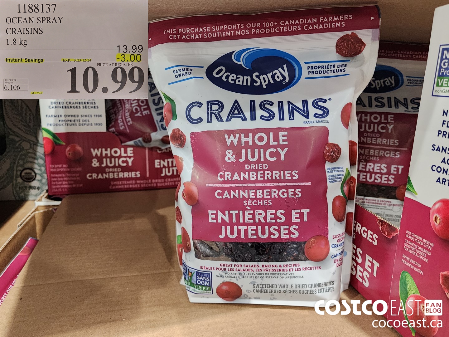 1188137 OCEAN SPRAY CRAISINS 1.8 KG ($3.00 INSTANT SAVINGS EXPIRES ON 2023-12-24) $10.99