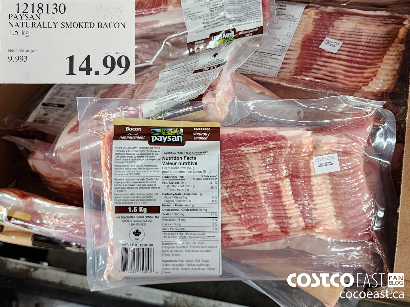 1218130 PAYSAN NATURALLY SMOKED BACON 1.5 KG $14.99