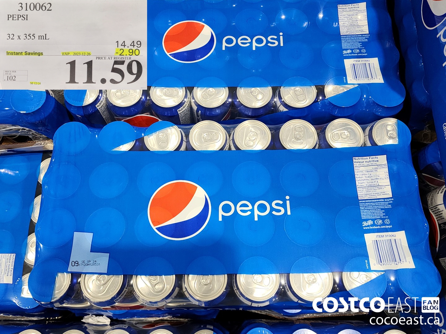 310062 PEPSI 32 X 355 ML ($2.90 INSTANT SAVINGS EXPIRES ON 2023-12-26) $11.59
