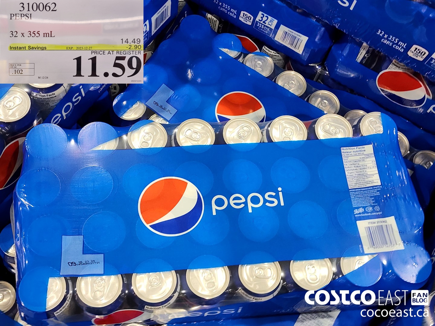310062 PEPSI 32 X 355 ML ($2.90 INSTANT SAVINGS EXPIRES ON 2023-12-27) $11.59