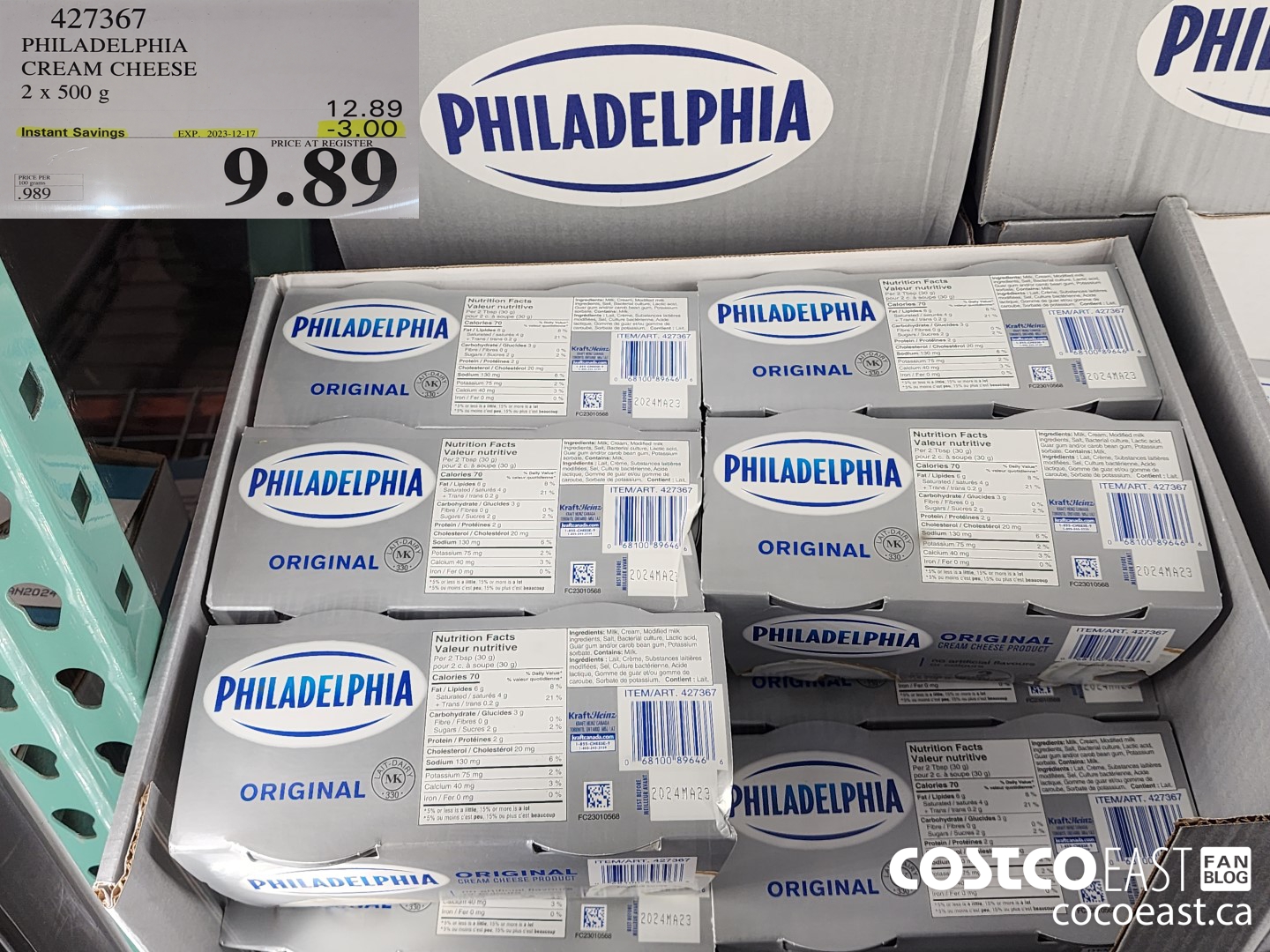 427367 PHILADELPHIA CREAM CHEESE 2 x 500 g ($3.00 INSTANT SAVINGS EXPIRES ON 2023-12-17) $9.89