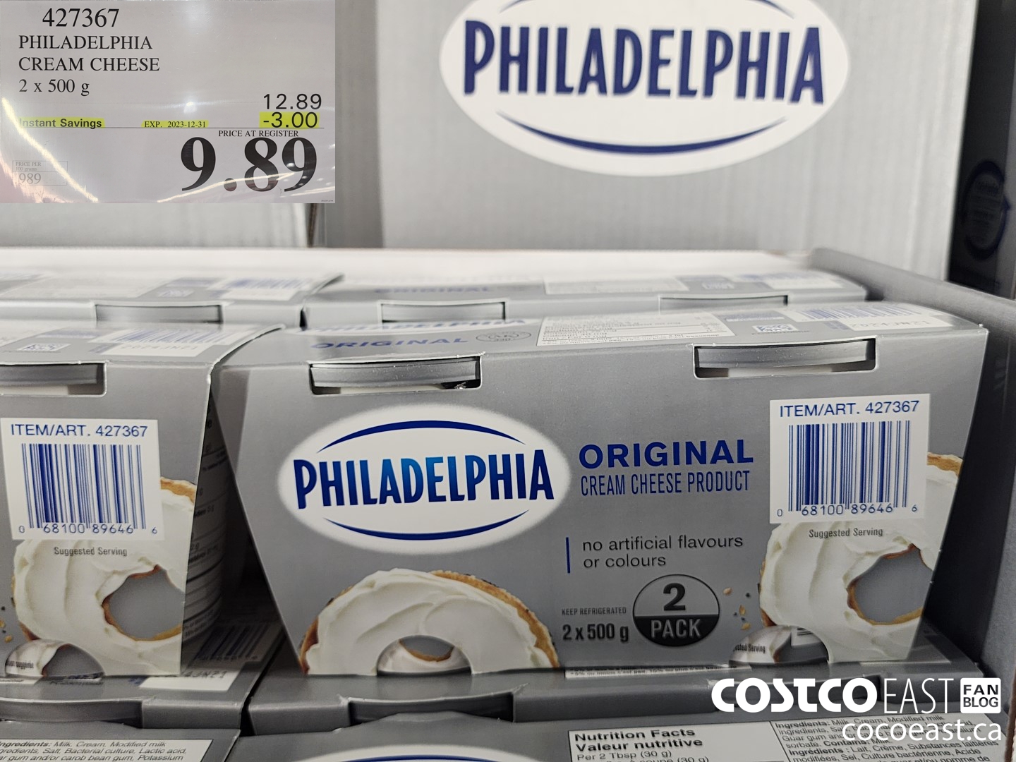427367 PHILADELPHIA CREAM CHEESE 2 x 500 g ($3.00 INSTANT SAVINGS EXPIRES ON 2023-12-31) $9.89
