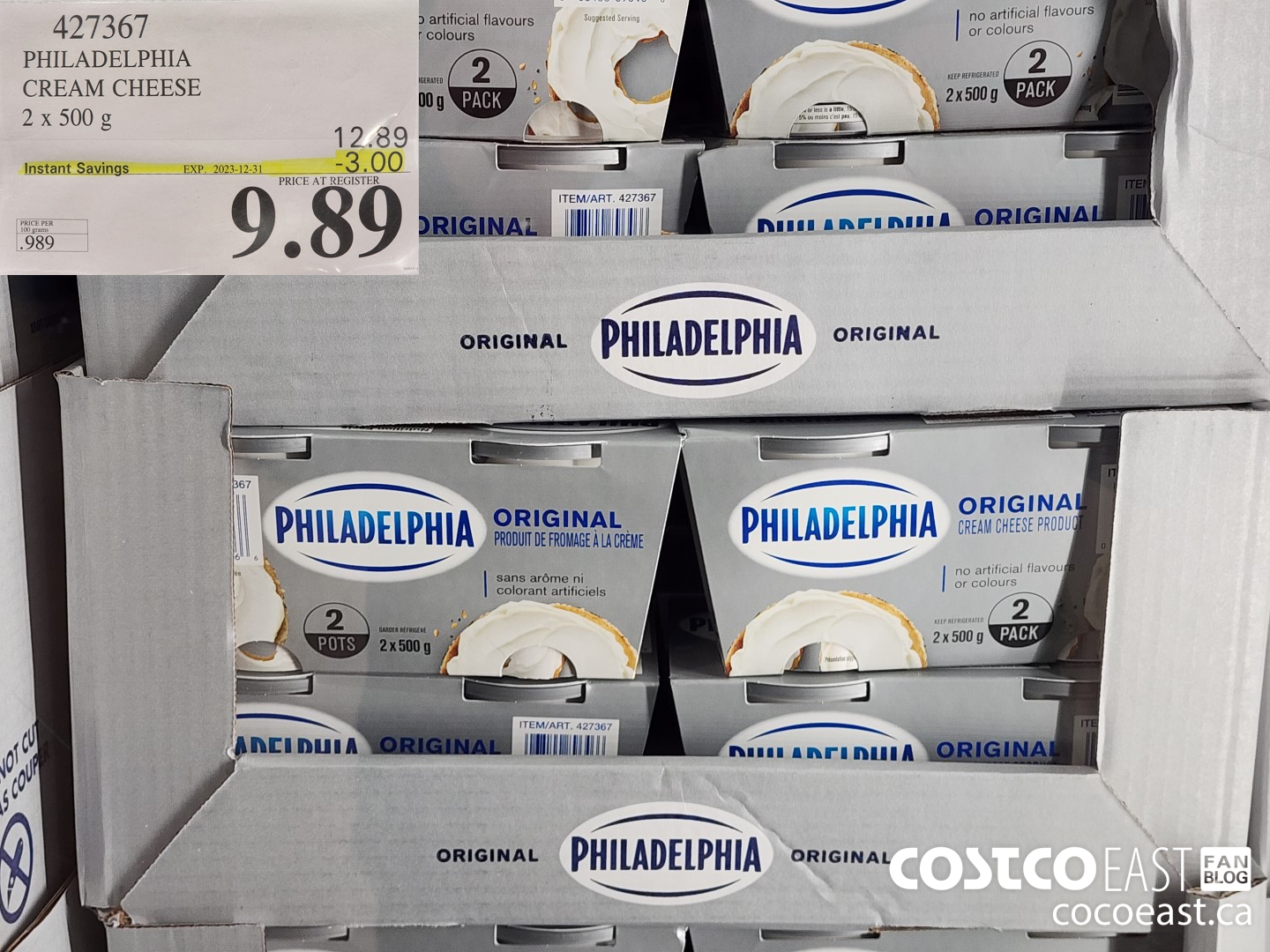 427367 PHILADELPHIA CREAM CHEESE 2 x 500 g ($3.00 INSTANT SAVINGS EXPIRES ON 2023-12-31) $9.89