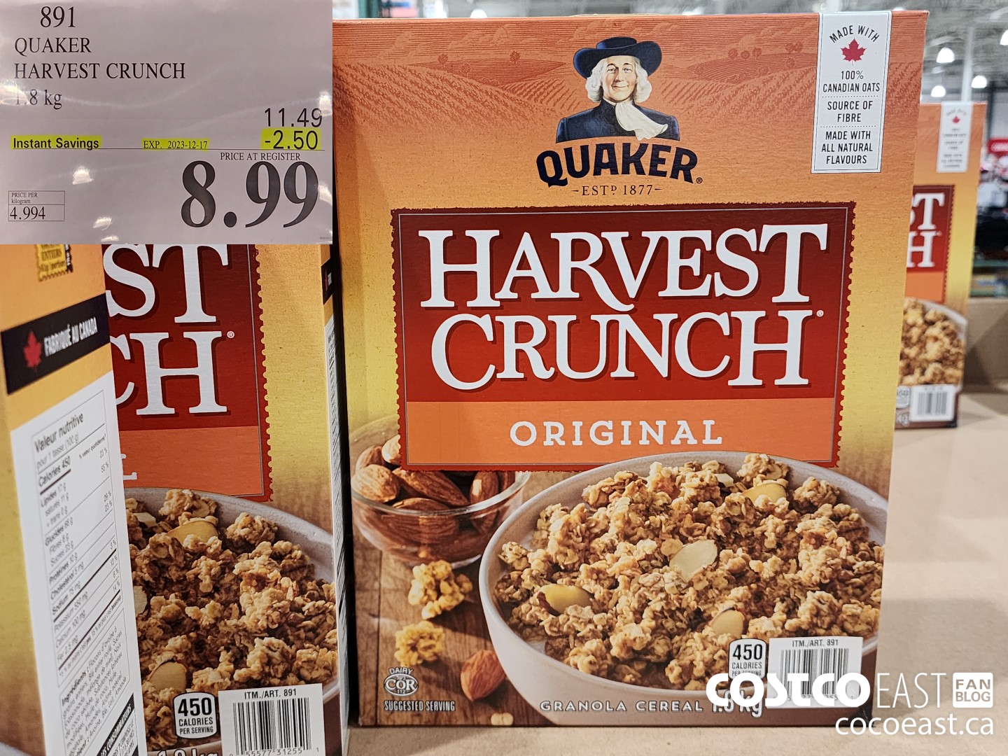 891 QUAKER HARVEST CRUNCH 1.8 kg ($2.50 INSTANT SAVINGS EXPIRES ON 2023-12-17) $8.99