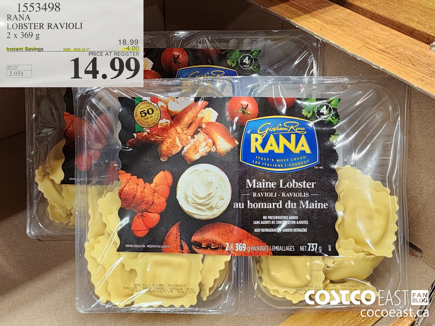 1553498 RANA LOBSTER RAVIOLI 2 x 369 g ($4.00 INSTANT SAVINGS EXPIRES ON 2023-12-17) $14.99