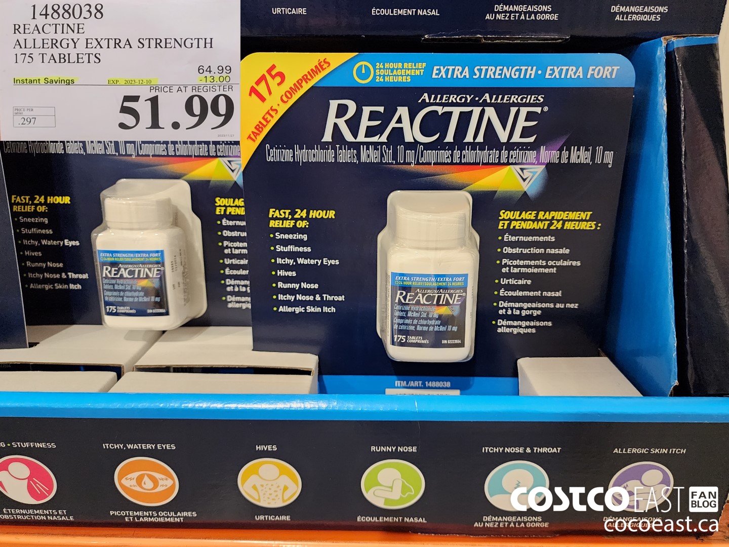 1488038 REACTINE ALLERGY EXTRA STRENGTH 175 TABLETS ($13.00 INSTANT SAVINGS EXPIRES ON 2023-12-10) $51.99