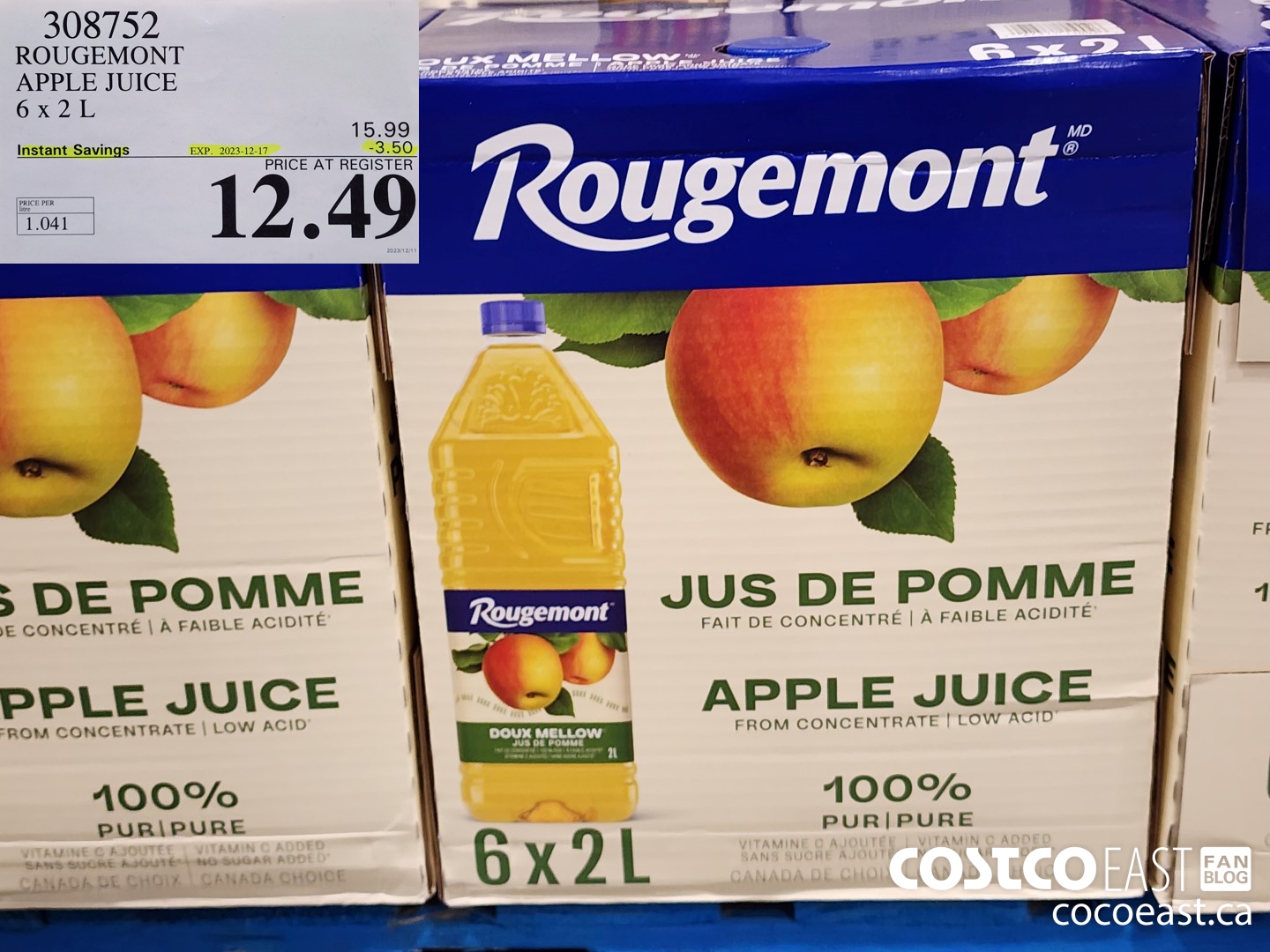 308752 ROUGEMONT APPLE JUICE 6 X 2 L ($3.50 INSTANT SAVINGS EXPIRES ON 2023-12-17) $12.49