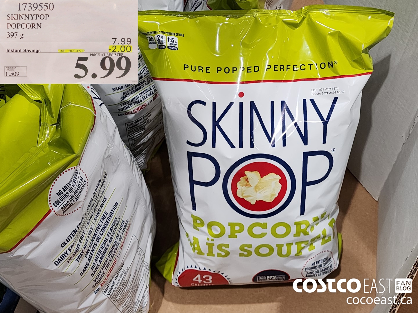 1739550 SKINNYPOP POPCORN 397 G ($2.00 INSTANT SAVINGS EXPIRES ON 2023-12-17) $5.99