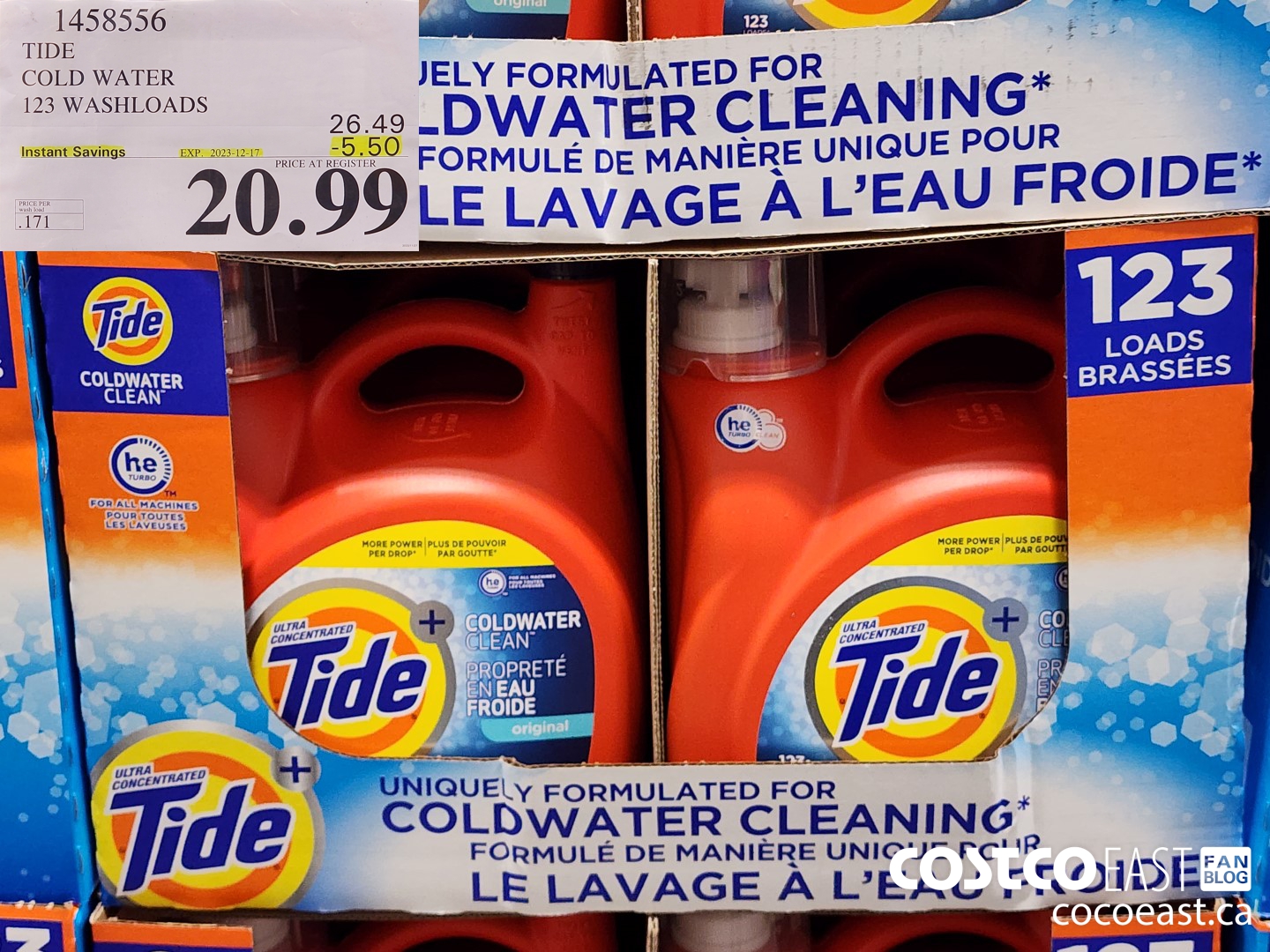 1458556 TIDE COLD WATER 123 WASHLOADS ($5.50 INSTANT SAVINGS EXPIRES ON 2023-12-17) $20.99