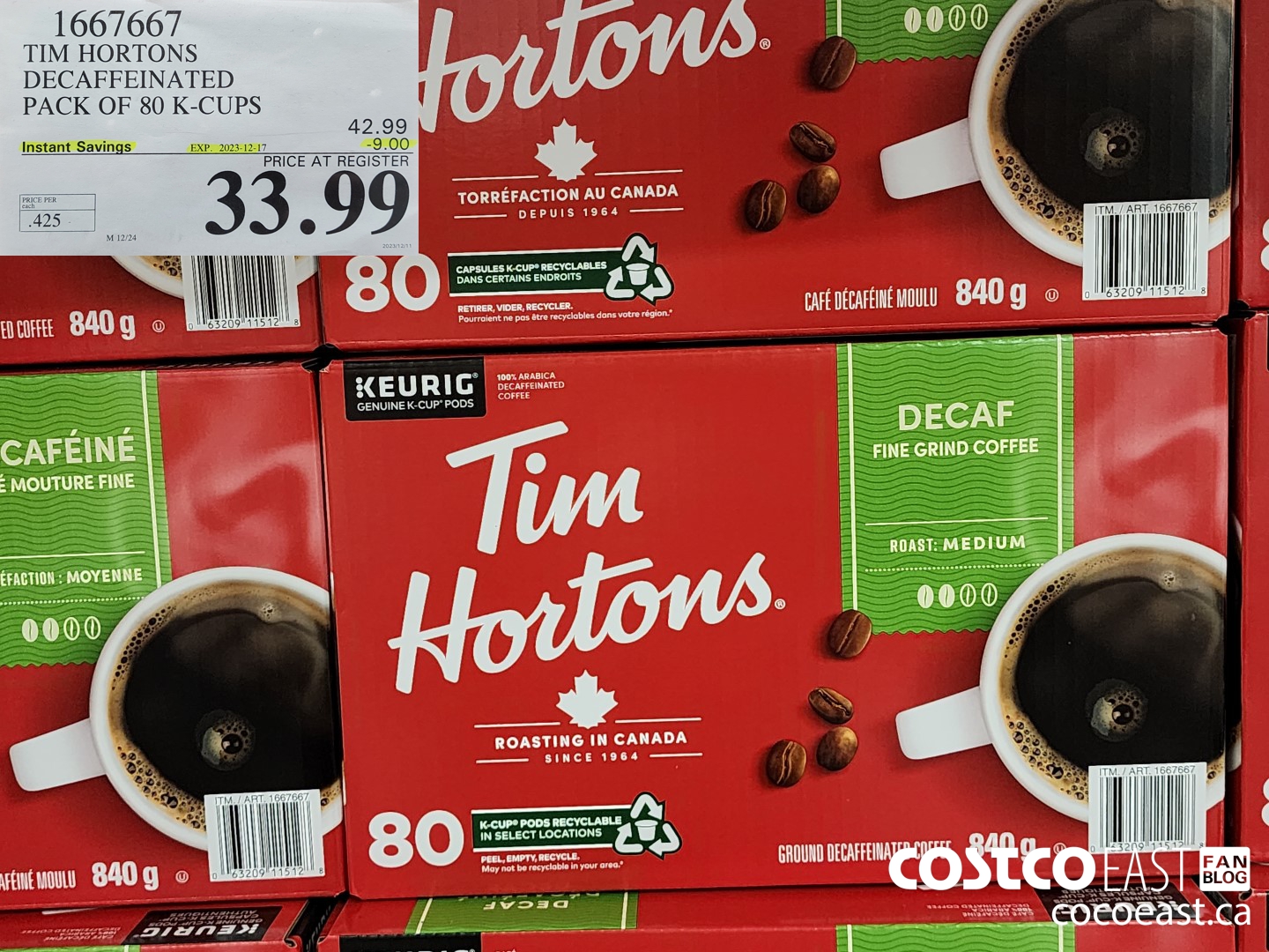 1667667 TIM HORTONS DECAFFEINATED PACK OF 80 K-CUPS ($9.00 INSTANT SAVINGS EXPIRES ON 2023-12-17) $33.99