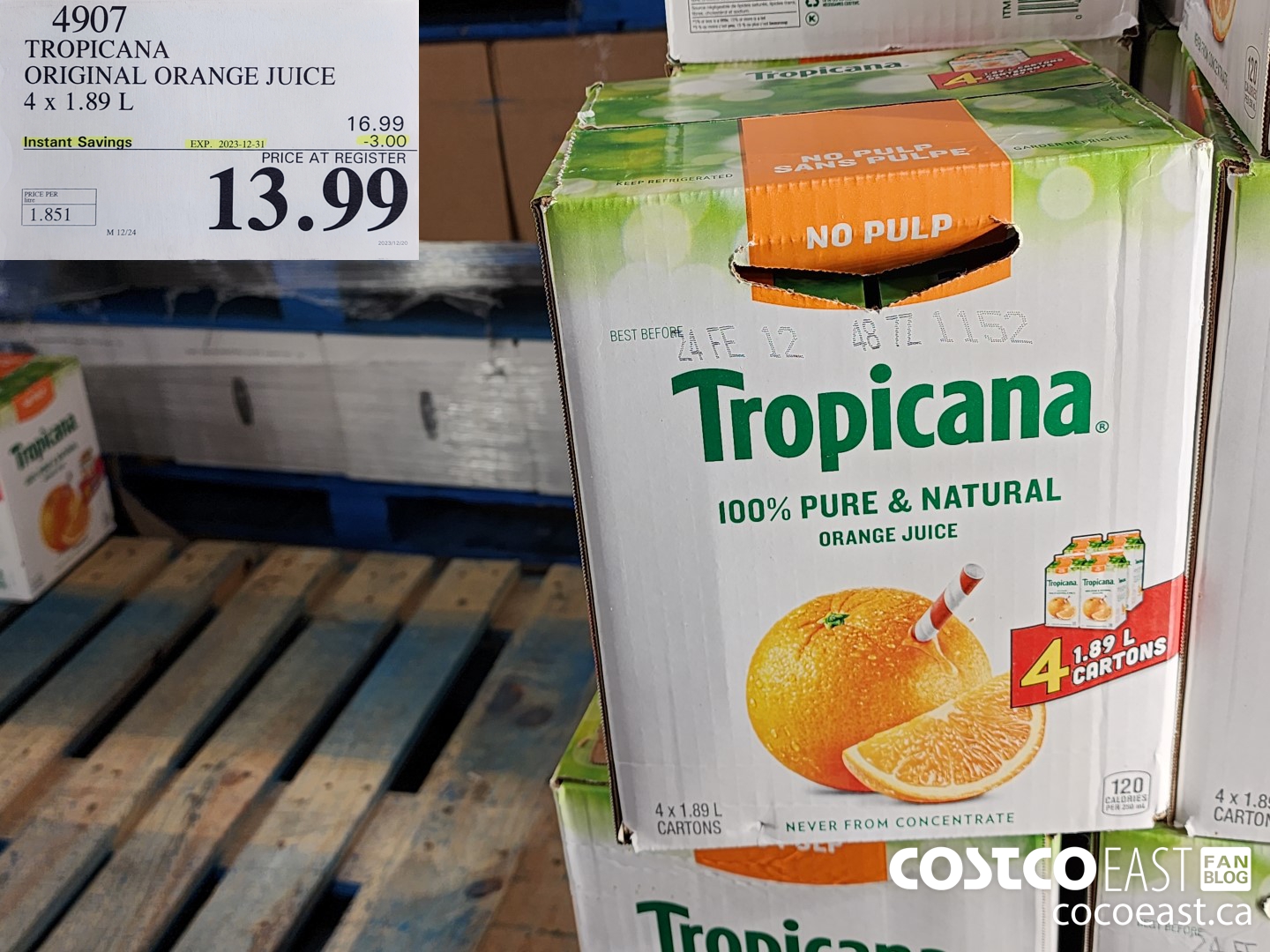 4907 TROPICANA ORIGINAL ORANGE JUICE 4 x 1.89 L ($3.00 INSTANT SAVINGS EXPIRES ON 2023-12-31) $13.99