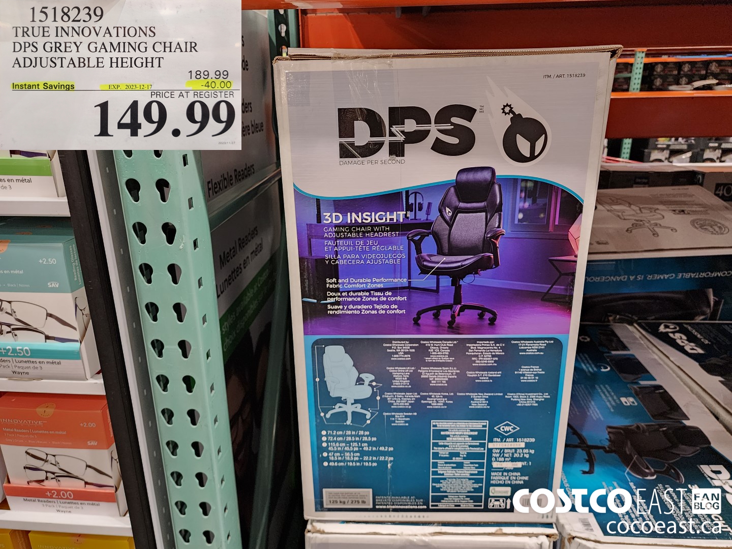 1518239 TRUE INNOVATIONS DPS GREY GAMING CHAIR ADJUSTABLE HEIGHT ($40.00 INSTANT SAVINGS EXPIRES ON 2023-12-17) $149.99