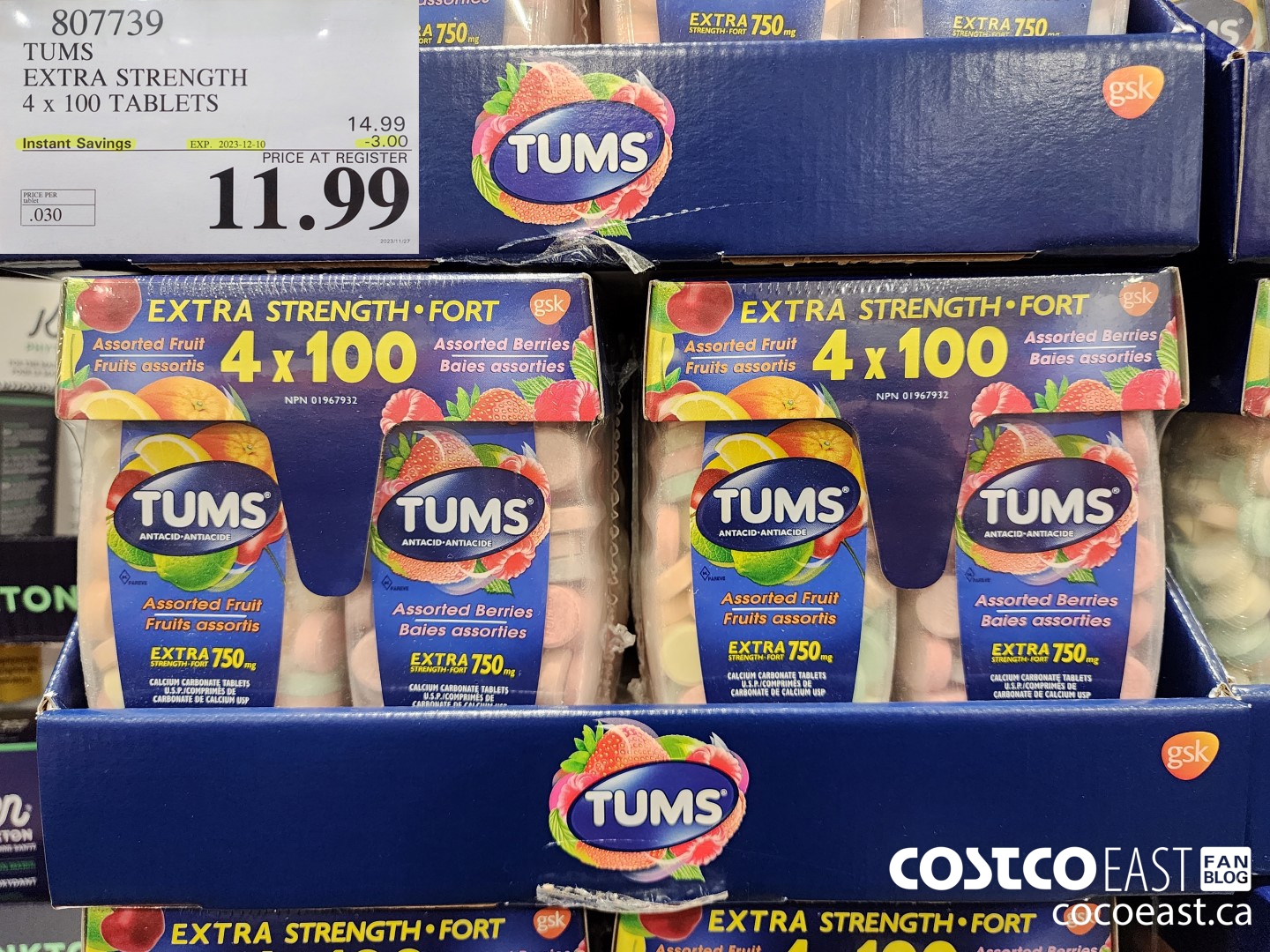 807739 TUMS EXTRA STRENGTH 4 x 100 TABLETS ($3.00 INSTANT SAVINGS EXPIRES ON 2023-12-10) $11.99