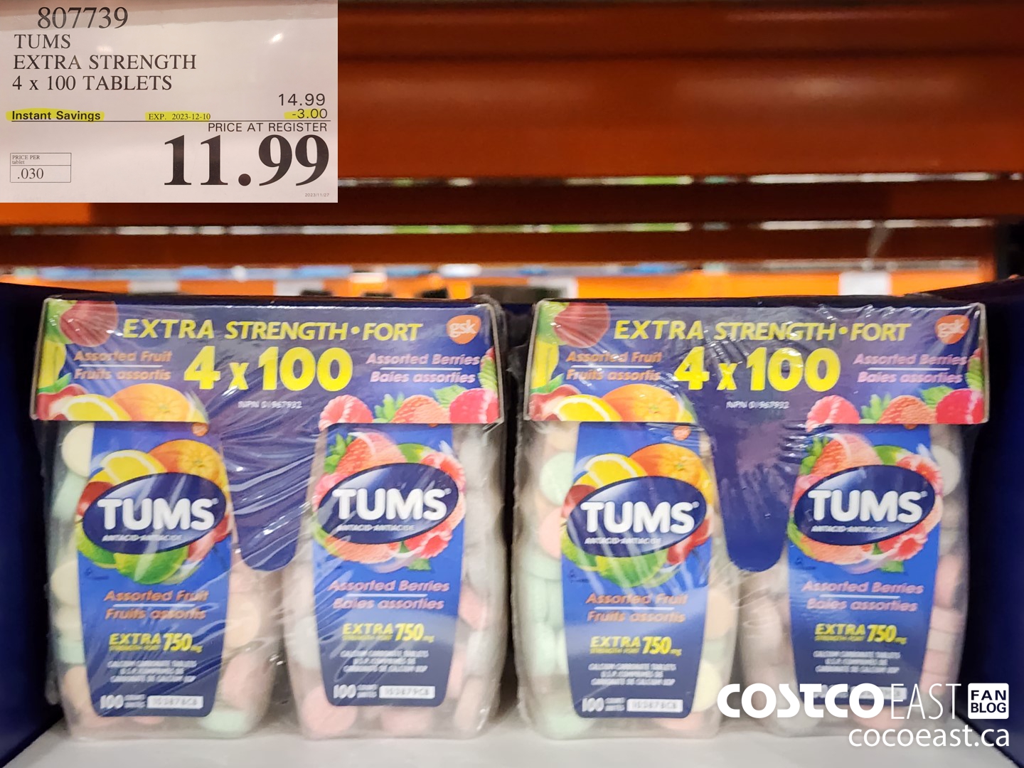 807739 TUMS EXTRA STRENGTH 4 x 100 TABLETS ($3.00 INSTANT SAVINGS EXPIRES ON 2023-12-10) $11.99