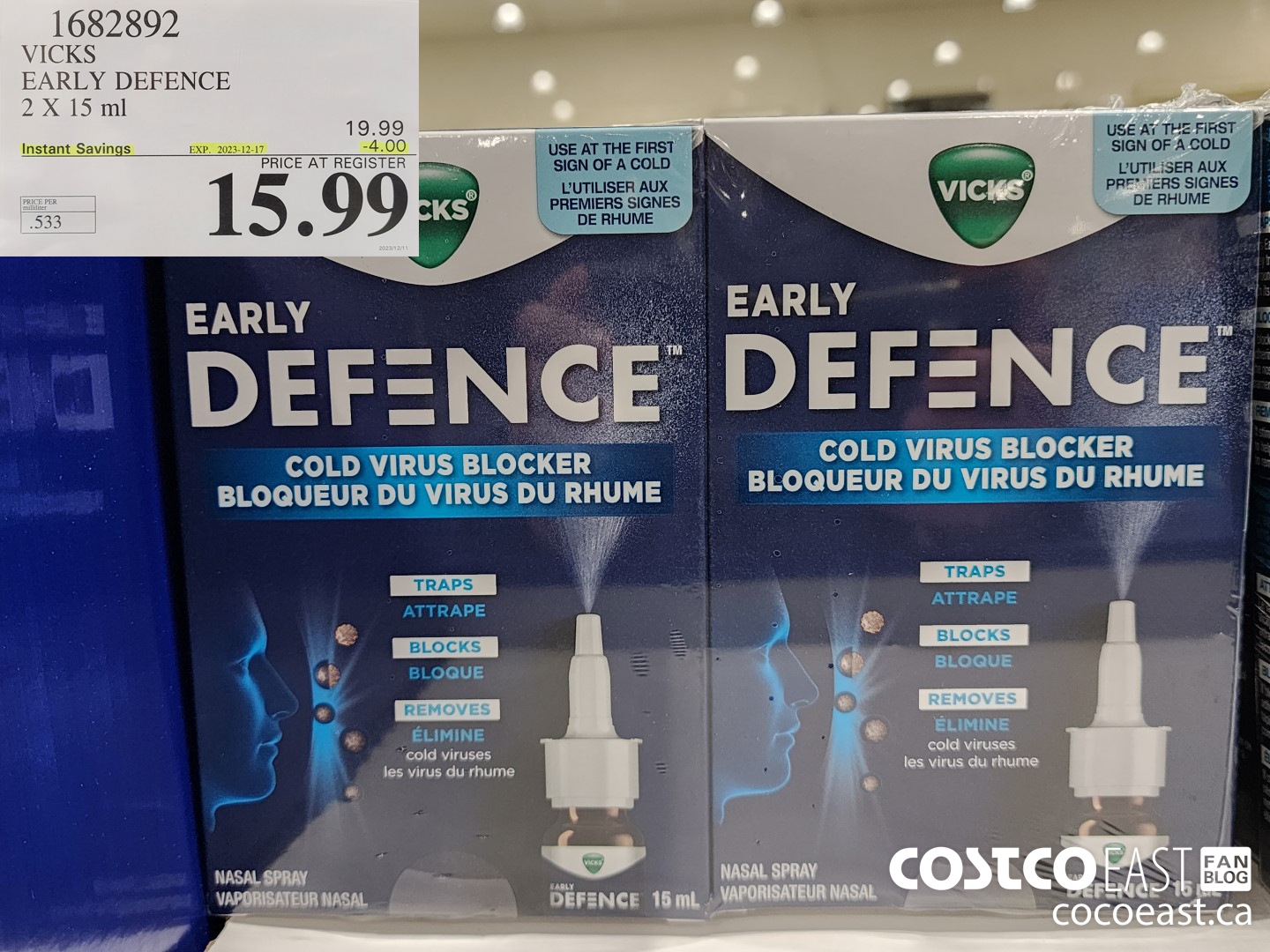 1682892 VICKS EARLY DEFENCE 2 X 15 ml ($4.00 INSTANT SAVINGS EXPIRES ON 2023-12-17) $15.99