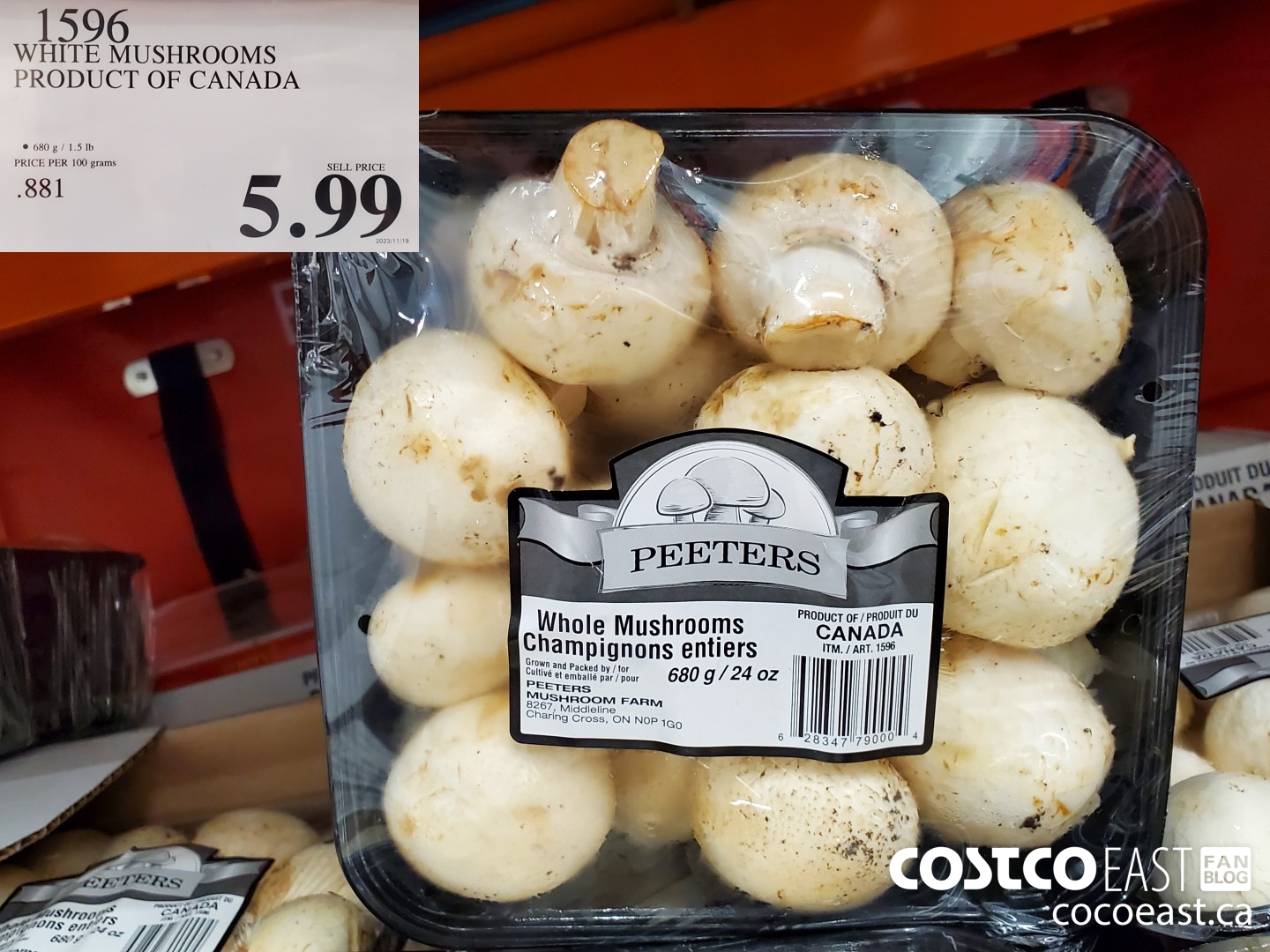 1596 WHOLE MUSHROOMS PRODUCT OF CANADA $5.99