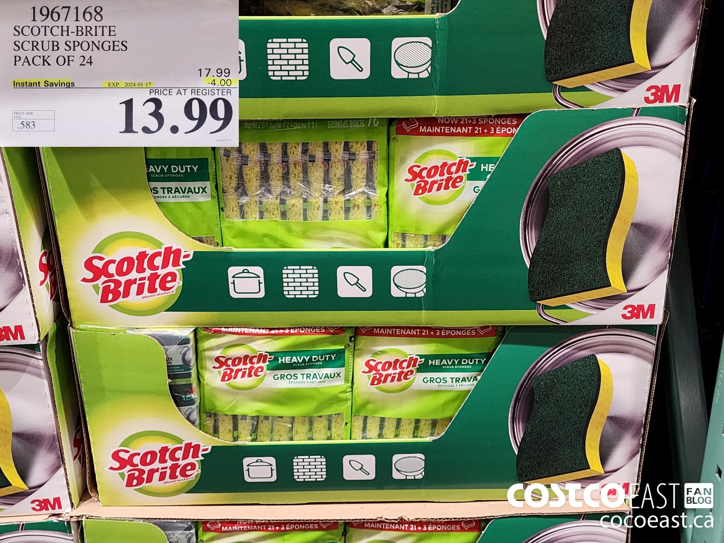 1967168 3M SCOTCH-BRITE SCRUB SPONGES PACK OF 24 ($4.00 INSTANT SAVINGS EXPIRES ON 2024-01-17) $13.99