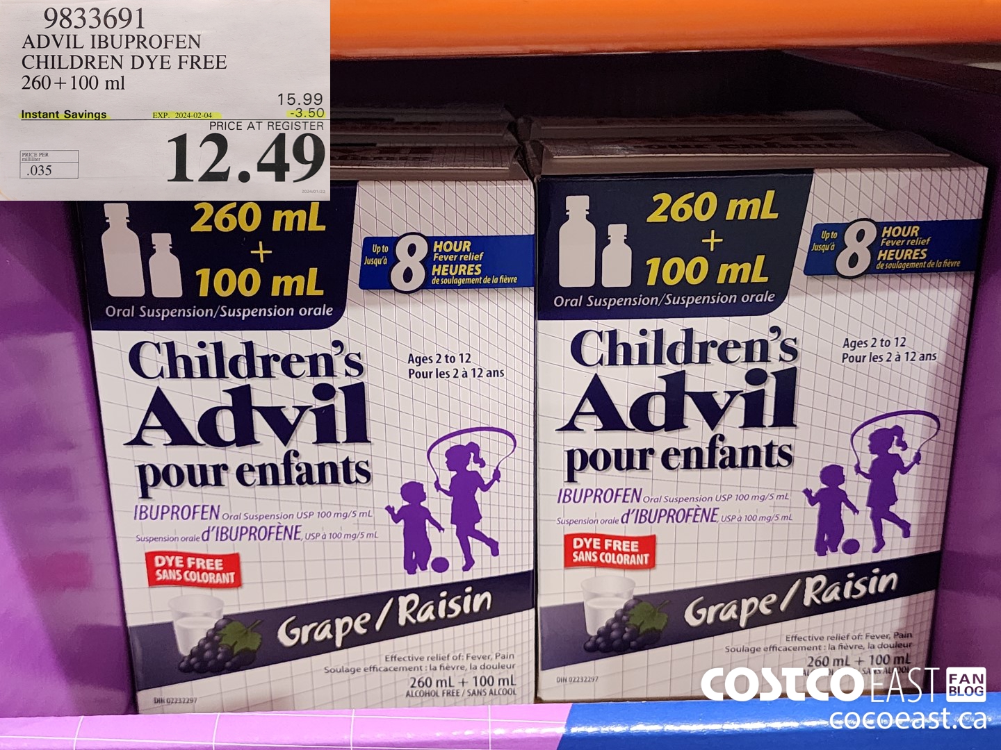 9833691 ADVIL IBUPROFEN CHILDREN DYE FREE 260 + 100ML ($3.50 INSTANT SAVINGS EXPIRES ON 2024-02-04) $12.49