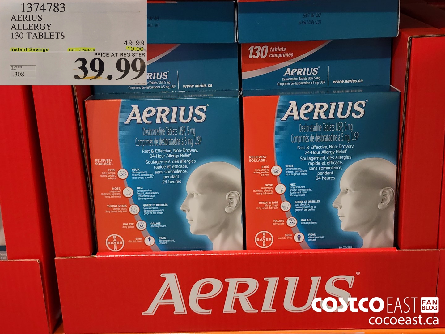 1374783 AERIUS ALLERGY 130 TABLETS ($10.00 INSTANT SAVINGS EXPIRES ON 2024-02-04) $39.99